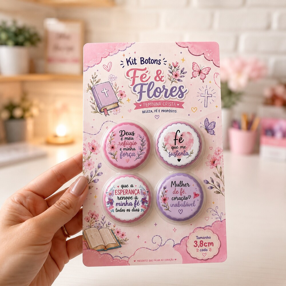 Kit Botons Fé e Flores Feminina Cristã – Mimo Religioso Lembr
