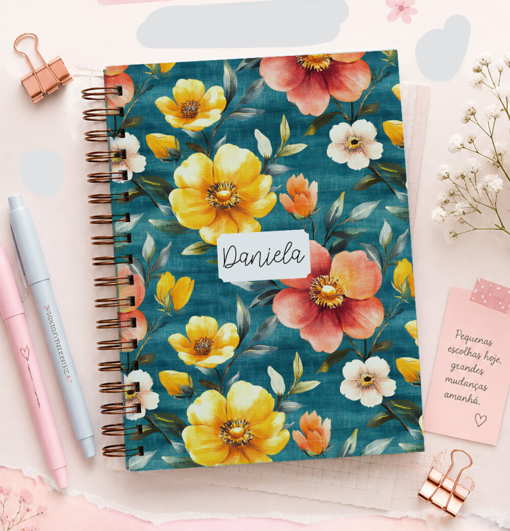 Caderno Floral Delicado Personalizado Capa Dura A5 – Caderneta 