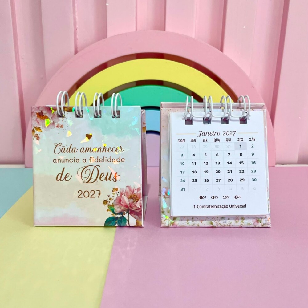 Mini Calendário de Mesa Cristão 2027 Floral Personalizado