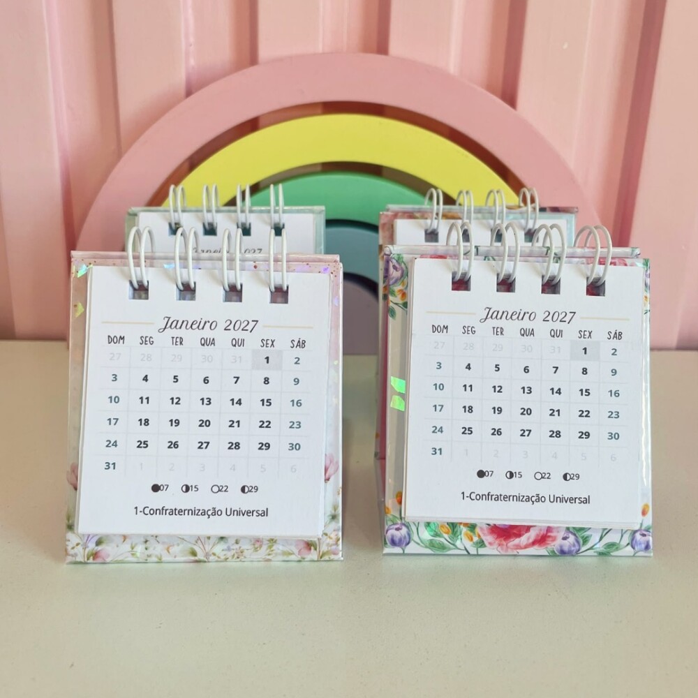 Mini Calendário de Mesa Cristão 2027 Floral Personalizado