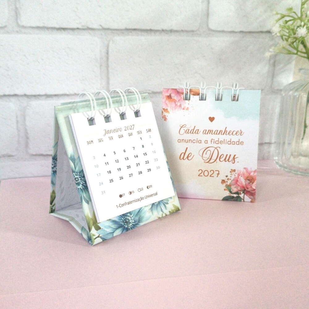 Mini Calendário de Mesa Cristão 2027 Floral Personalizado