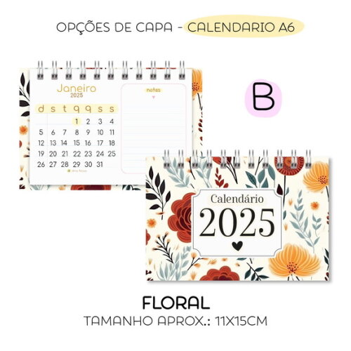 Calendário de Mesa 2025 Floral Feminino A6 Horizontal