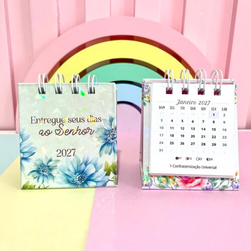 Mini Calendário de Mesa Cristão 2027 Floral Personalizado