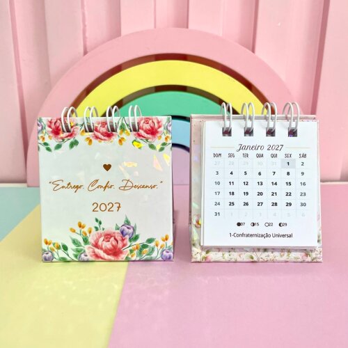 Mini Calendário de Mesa Cristão 2027 Floral Personalizado
