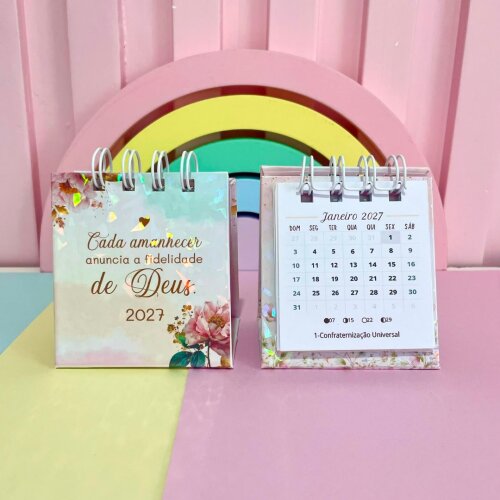 Mini Calendário de Mesa Cristão 2027 Floral Personalizado