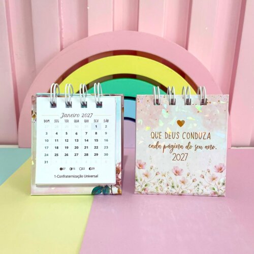 Mini Calendário de Mesa Cristão 2027 Floral Personalizado