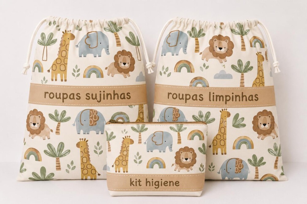 kit safari creche escola maternidade sujinha limpinha necessaire