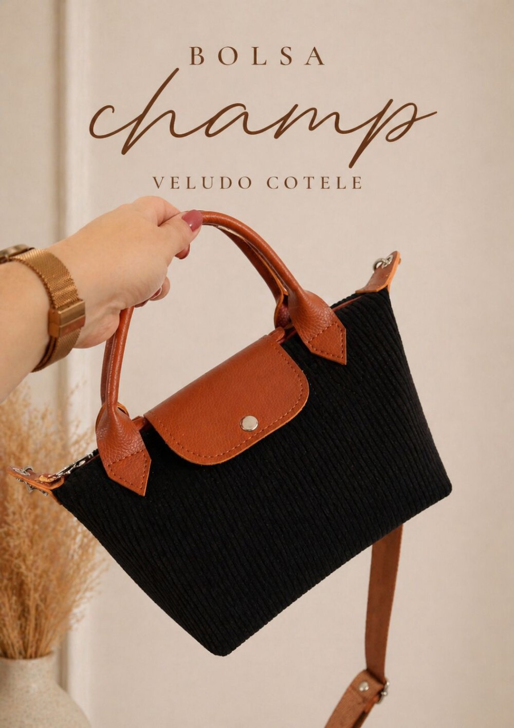 Bolsa feminina veludo cotele preta tamanho P