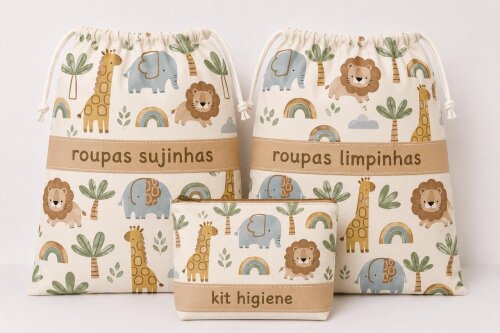 kit safari creche escola maternidade sujinha limpinha necessaire