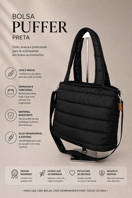 bolsa feminina puffer preta academia