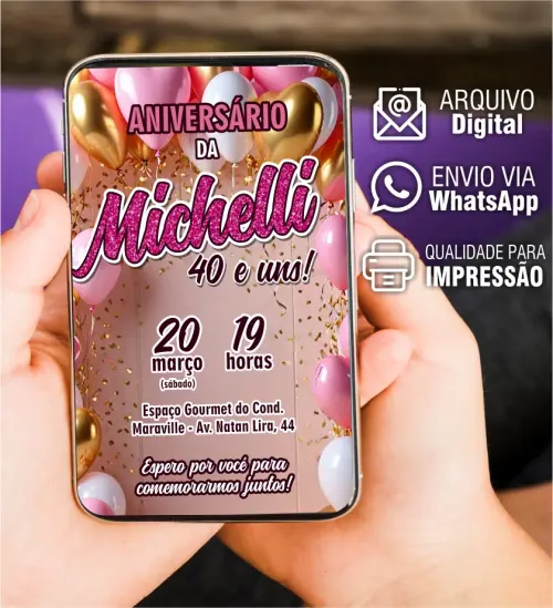 CONVITE ANIVERSÁRIO ADULTO FEMININO - ARTE VIRTUAL