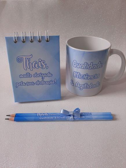 Caneca + Bloquinho e Lápis