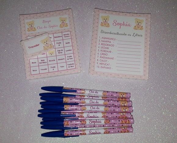 Kit 2 Brincadeiras Chá de Bebê + Caneta Ursinha