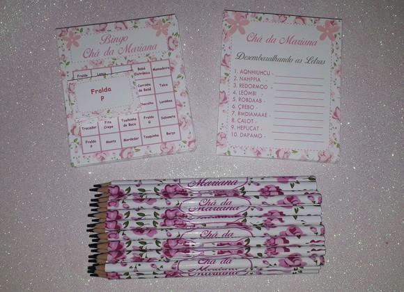 Kit 2 Brincadeiras Chá de Bebê + Lápis Floral