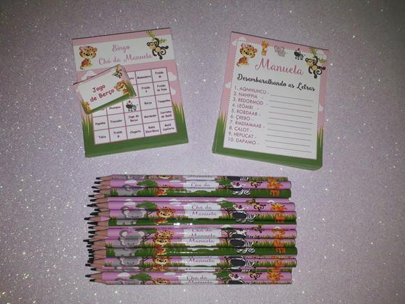 Kit 2 Brincadeiras Chá de Bebê + Lápis Safari Menina