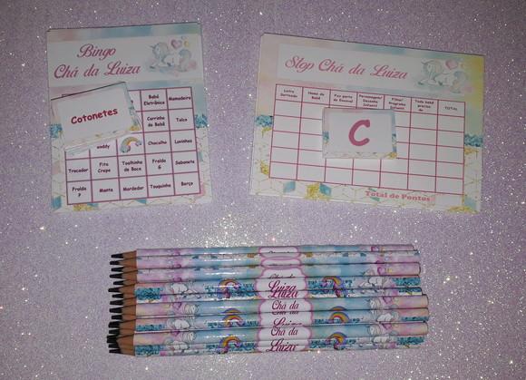 Kit 2 Brincadeiras Chá de Bebê + Lápis Unicórnio
