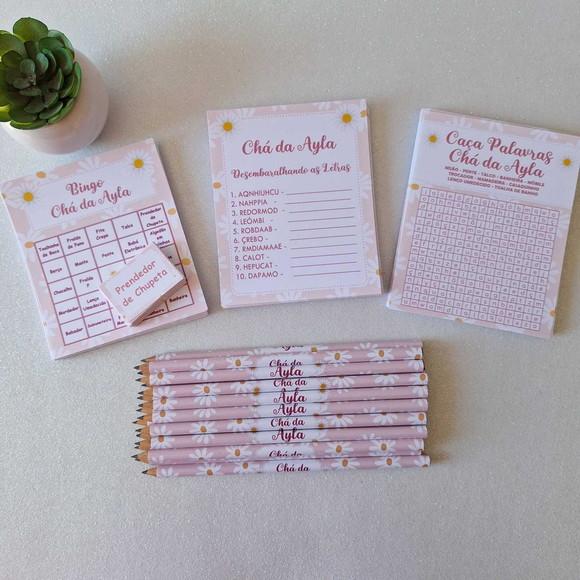 Kit 3 Brincadeiras Chá Bebê + Lápis Margaridas