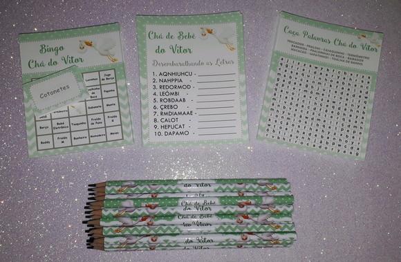 Kit 3 Brincadeiras Chá de Bebê + Lápis Cegonha
