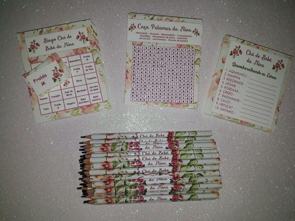 Kit 3 Brincadeiras Chá de Bebê + Lápis Floral