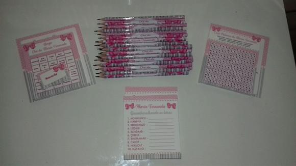 Kit 3 Brincadeiras Chá de Bebê + Lápis Laço