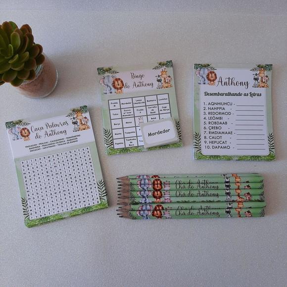 Kit 3 Brincadeiras Chá de Bebê + Lápis Safari