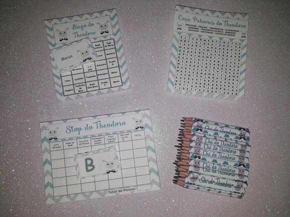 Kit 3 Brincadeiras Chá de Bebê + Mini Lápis Ovelha