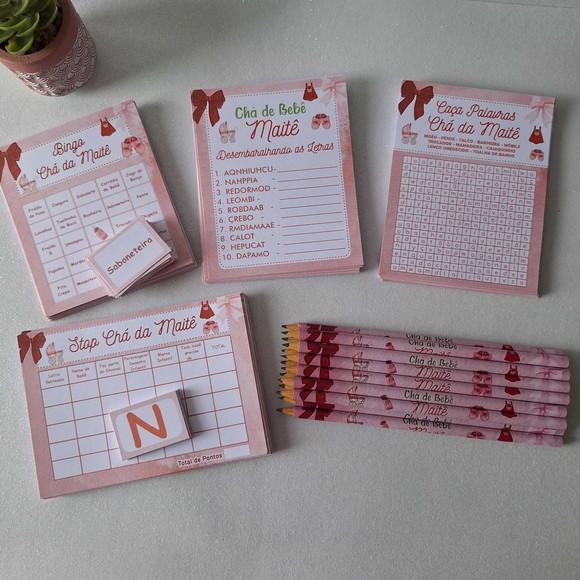 Kit 4 Brincadeiras Chá de Bebê + Lápis Laço