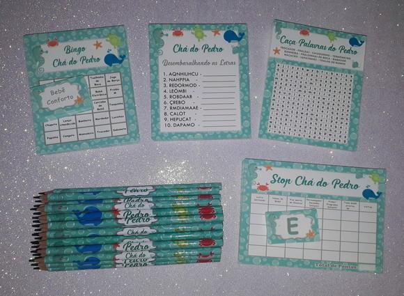 Kit 4 Brincadeiras Chá de Bebê + Lápis Fundo do Mar