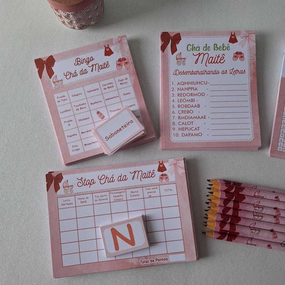 Kit 4 Brincadeiras Chá de Bebê + Lápis Laço
