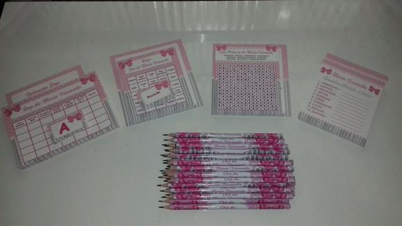 Kit 4 Brincadeiras Chá de Bebê + Lápis Laço