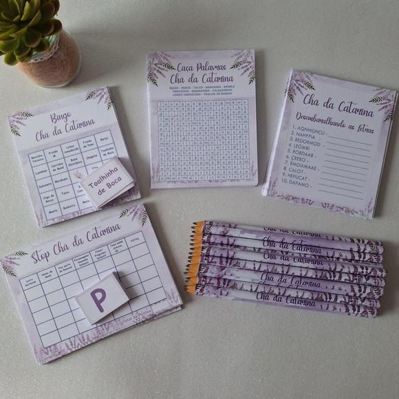 Kit 4 Brincadeiras Chá de Bebê + Lápis Lavanda