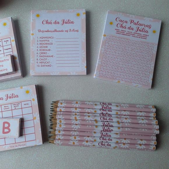 Kit 4 Brincadeiras Chá de Bebê + Lápis Margaridas