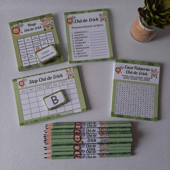 Kit 4 Brincadeiras Chá de Bebê + Lápis Safari