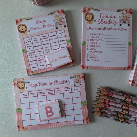 Kit 4 Brincadeiras Chá de Bebê + Lápis Safari Menina