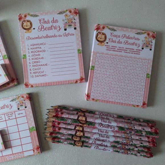 Kit 4 Brincadeiras Chá de Bebê + Lápis Safari Menina
