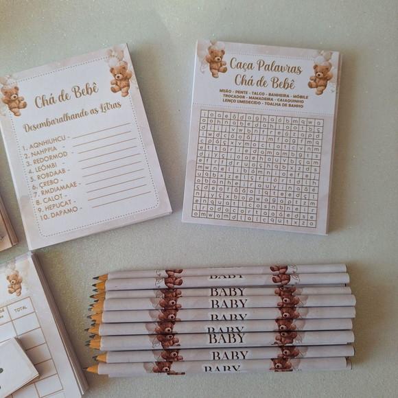 Kit 4 Brincadeiras Chá de Bebê + Lápis Ursinho
