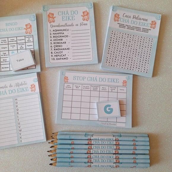 Kit 4 Brincadeiras Chá de Bebê + Lápis Ursinho