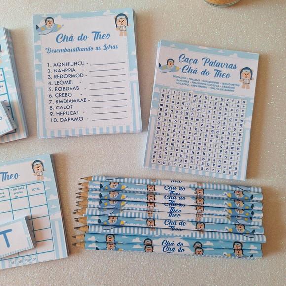 Kit 4 Brincadeiras Chá de Bebê + Lápis Ursinho Aviador