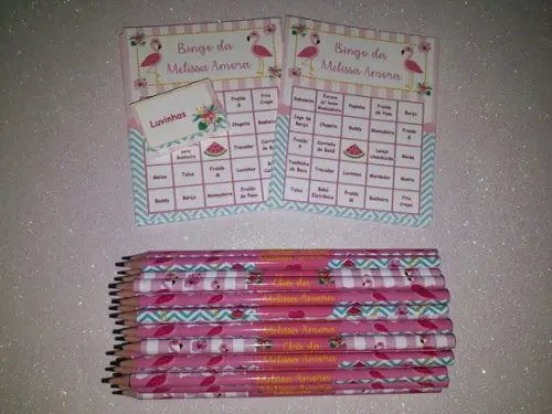 Cartela de Bingo + Lápis Personalizado Flamingo