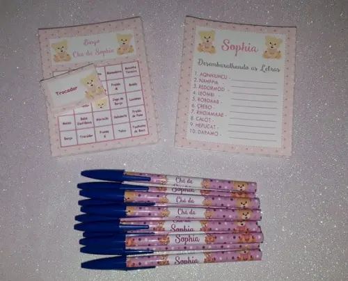 Kit 2 Brincadeiras Chá de Bebê + Caneta Ursinha