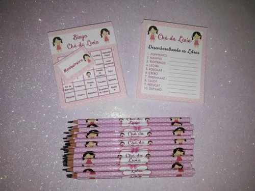 Kit 2 Brincadeiras Chá de Bebê + Lápis Boneca