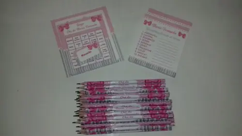 Kit 2 Brincadeiras Chá de Bebê + Lápis Laço