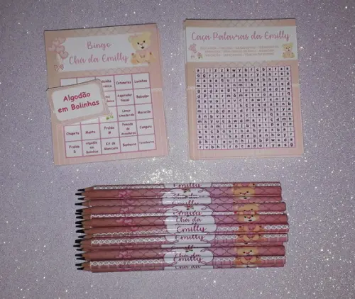 Kit 2 Brincadeiras Chá de Bebê + Lápis Ursinha