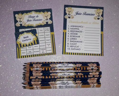 Kit 2 Brincadeiras Chá de Bebê + Lápis Urso Príncipe