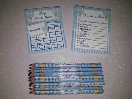 Kit 2 Brincadeiras Chá de Bebê + Lápis Ursinho Baloeiro
