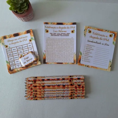 Kit 3 Brincadeiras Chá Bebê + Lápis Girassol