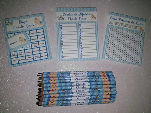 Kit 3 Brincadeiras Chá de Bebê + Lápis