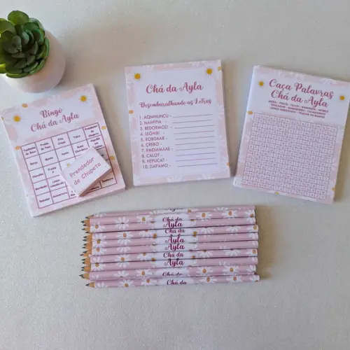 Kit 3 Brincadeiras Chá Bebê + Lápis Margaridas