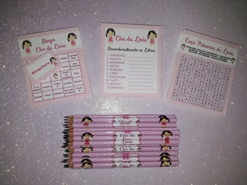 Kit 3 Brincadeiras Chá de Bebê + Lápis Boneca