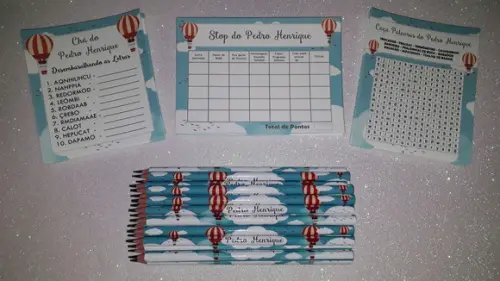 Kit 3 Brincadeiras Chá de Bebê + Lápis Balão